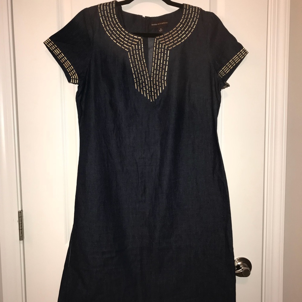 Denim Dress with Gold Embroidery
